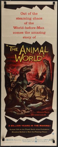 5z0667 ANIMAL WORLD insert 1956 great Rehberger artwork of prehistoric dinosaurs & erupting volcano!