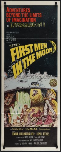 5z0681 FIRST MEN IN THE MOON insert 1964 Ray Harryhausen, H.G. Wells, fantastic sci-fi art!