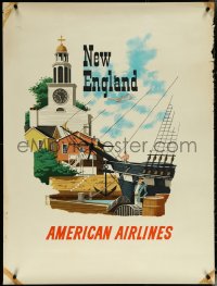 5z0002 AMERICAN AIRLINES NEW ENGLAND 30x40 travel poster 1950s art of church & ship by Bern Hill!