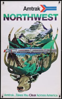 5z0139 AMTRAK NORTHWEST 25x40 travel poster 1973 Klein art of mountains, train elk antlers, rare!