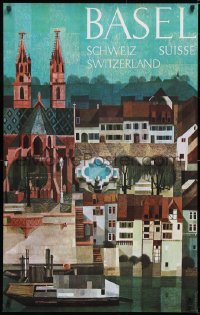 5z0131 BASEL SWITZERLAND 25x40 Swiss travel poster 1960s wonderful Schneider art of village!