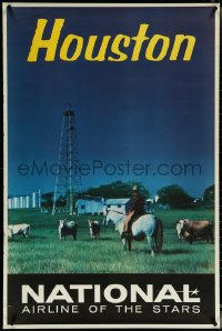 5z0003 NATIONAL AIRLINES HOUSTON 28x42 travel poster 1960s cowboy on a horse with cattle, rare!