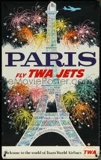5z0142 TWA PARIS 25x40 travel poster 1960s great David Klein art of Eiffel Tower & fireworks!