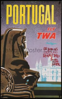 5z0143 TWA PORTUGAL 25x40 travel poster 1960s different 'round trip' from NYC tagline, ultra rare!