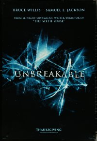 5z0634 UNBREAKABLE teaser DS 1sh 2000 M. Night Shyamalan directed, Bruce Willis, Samuel L. Jackson!