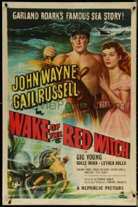 5z0018 WAKE OF THE RED WITCH 1sh 1949 art of barechested John Wayne & Gail Russell at sea!