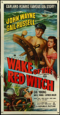 6b0251 WAKE OF THE RED WITCH 3sh R1952 art of barechested John Wayne & Gail Russell at sea!