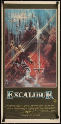 6b0303 EXCALIBUR Aust daybill 1981 John Boorman, cool medieval fantasy sword artwork by Bob Peak!