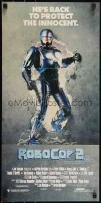 6b0339 ROBOCOP 2 Aust daybill 1990 cyborg policeman Peter Weller busts through wall, sci-fi sequel!