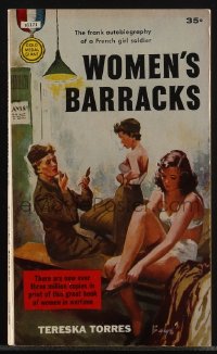 6b1125 WOMEN'S BARRACKS paperback book 1951 art of French girl soldiers undressing in locker room!