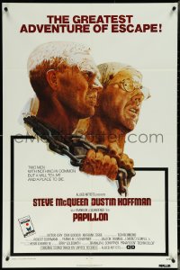 6b0952 PAPILLON int'l 1sh 1973 prisoners Steve McQueen & Dustin Hoffman by Tom Jung, Allied Artists!