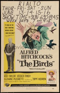 6b0147 BIRDS WC 1963 director Alfred Hitchcock shown, Tippi Hedren, classic intense attack artwork!