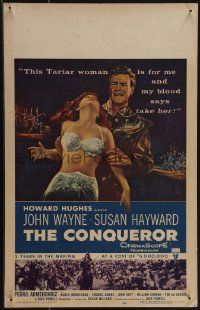 6b0156 CONQUEROR WC 1956 John Wayne as barbarian Genghis Khan grabs half-dressed sexy Susan Hayward!