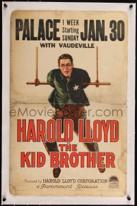 6b0176 KID BROTHER linen WC 1927 art of Harold Lloyd with tin star hanging from trapeze, rare!