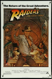 6c0881 RAIDERS OF THE LOST ARK 1sh R1982 great Richard Amsel art of adventurer Harrison Ford!