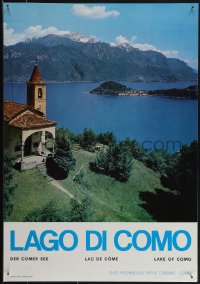 6c0201 LAKE OF COMO 19x28 Italian travel poster 1970s great image of bell tower by lake!