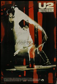 6c0976 U2 RATTLE & HUM int'l 1sh 1988 great image of rockers Bono & The Edge performing on stage!