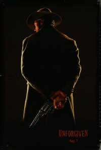 6c0978 UNFORGIVEN teaser DS 1sh 1992 image of gunslinger Clint Eastwood w/back turned, dated design!