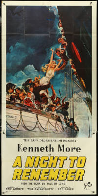 6f0360 NIGHT TO REMEMBER 3sh 1959 English Titanic biography, John Floherty Jr. disaster art, rare!