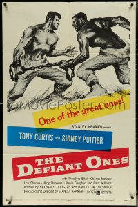 6f0839 DEFIANT ONES 1sh 1958 art of escaped cons Tony Curtis & Sidney Poitier chained together!