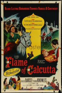 6f0902 FLAME OF CALCUTTA 1sh 1953 art of horseback Denise Darcel w/sword, deadly assassins strike!