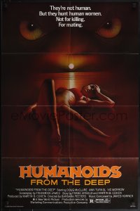 6f0982 HUMANOIDS FROM THE DEEP 1sh 1980 art of monster eyes looming over sexy girl on beach!