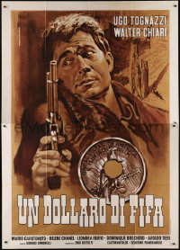 6f0182 DOLLAR OF FEAR Italian 2p R1972 Piovano art of Tognazzi w/gun by coin with bullet hole, rare!