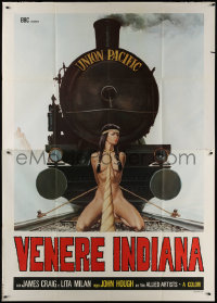 6f0203 NAKED IN THE SUN Italian 2p R1970s wild art of naked Native American girl tied to train tracks!