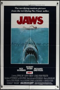 6f1001 JAWS 1sh 1975 art of Spielberg's classic man-eating shark attacking naked swimmer!