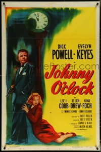 6f1010 JOHNNY O'CLOCK 1sh R1956 cool noir art of Dick Powell & sexy Evelyn Keyes by clock!