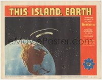 6f0518 THIS ISLAND EARTH LC #5 1955 cool image of alien flying saucer in space hovering over Earth!