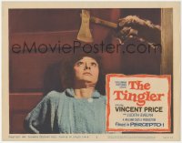 6f0519 TINGLER LC #2 1959 image of wacky monster hand holding axe over scared Judith Evelyn's head!