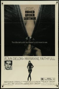 6f1104 NAKED UNDER LEATHER 1sh 1970 Alain Delon, super c/u of sexy Marianne Faithfull unzipping!