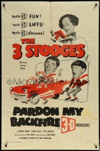 6f1140 PARDON MY BACKFIRE 3D 1sh 1953 The Three Stooges, Moe, Larry & Shemp, more 3-Deleriums, rare!