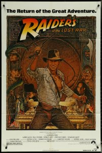 6f1173 RAIDERS OF THE LOST ARK 1sh R1982 great Richard Amsel art of adventurer Harrison Ford!