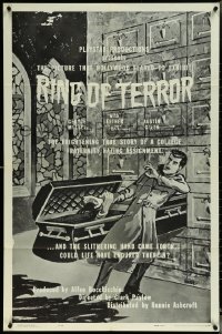 6f1186 RING OF TERROR 1sh 1960 wacky Kane art of man grabbed by hand in coffin!