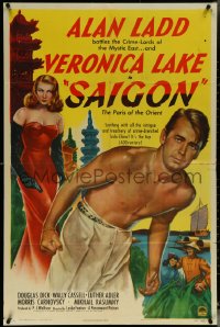 6f1201 SAIGON 1sh 1948 close up of barechested Alan Ladd & sexy Veronica Lake with gun!