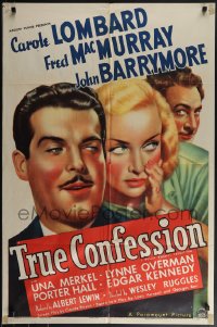6f1319 TRUE CONFESSION 1sh 1937 c/u art of Carole Lombard, Fred MacMurray & John Barrymore, rare!