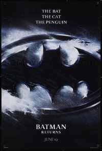 6g0771 BATMAN RETURNS teaser 1sh 1992 Burton, Keaton, The Bat, The Cat, The Penguin, logo design!