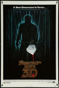 6g0815 FRIDAY THE 13th PART 3 - 3D 1sh 1982 slasher sequel, art of Jason stabbing through shower!
