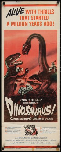 6g0217 DINOSAURUS insert 1960 great artwork of battling prehistoric T-rex & brontosaurus monsters!