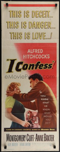 6g0230 I CONFESS insert 1953 Alfred Hitchcock, art of Montgomery Clift shaking Anne Baxter!