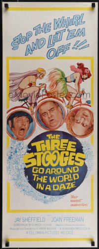 6g0256 THREE STOOGES GO AROUND THE WORLD IN A DAZE insert 1963 wacky art of Moe, Larry & Curly-Joe!