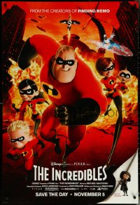 6g0839 INCREDIBLES signed advance DS 1sh 2004 by Brad Bird, Disney sci-fi superhero family in action!
