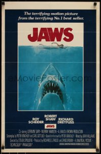 6g0641 JAWS Japanese 19x29 1975 Roger Kastel art of Spielberg's shark attacking swimmer, ultra rare!