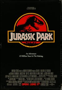 6g0852 JURASSIC PARK advance DS 1sh 1993 Steven Spielberg, logo with T-Rex over red background!