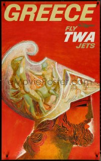 6g0686 TWA GREECE 25x40 travel poster 1960s cool art of ancient Greek soldier by David Klein!