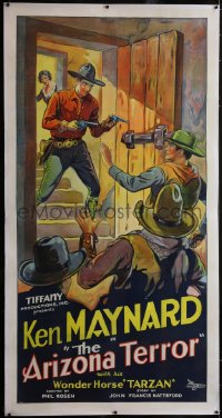 6h0304 ARIZONA TERROR linen 3sh 1931 art of Ken Maynard w/guns protecting Lina Basquette, ultra rare!