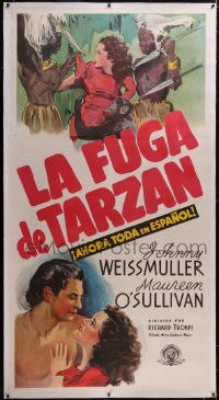 6h0334 TARZAN ESCAPES linen Spanish/US 3sh 1936 art of Weissmuller, O'Sullivan & natives, ultra rare!