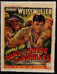 6h0463 MARK OF THE GORILLA linen Belgian 1950 art of Johnny Weissmuller as explorer Jungle Jim, rare!